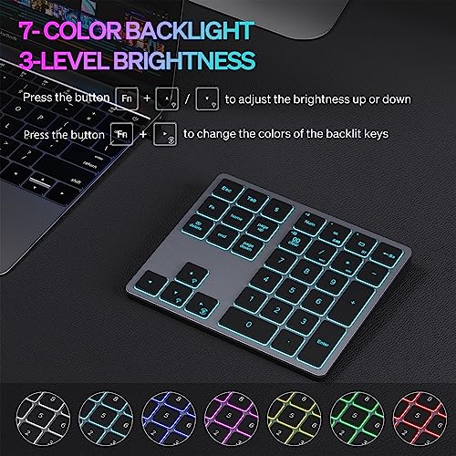 Doohoeek Bluetooth & 2.4G USB Wireless Numeric Keypad for Laptops, PC Computers Macbooks & Tablets, Dual Mode Number pad 34 Keys with 7-Color Backlit for Windows, MacOS & iOS, Gray - Image 2