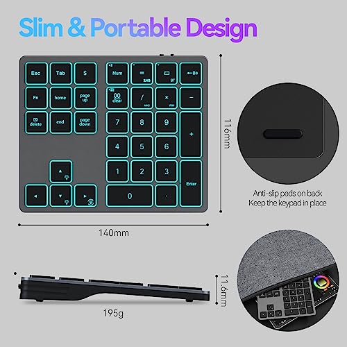 Doohoeek Bluetooth & 2.4G USB Wireless Numeric Keypad for Laptops, PC Computers Macbooks & Tablets, Dual Mode Number pad 34 Keys with 7-Color Backlit for Windows, MacOS & iOS, Gray - Image 4