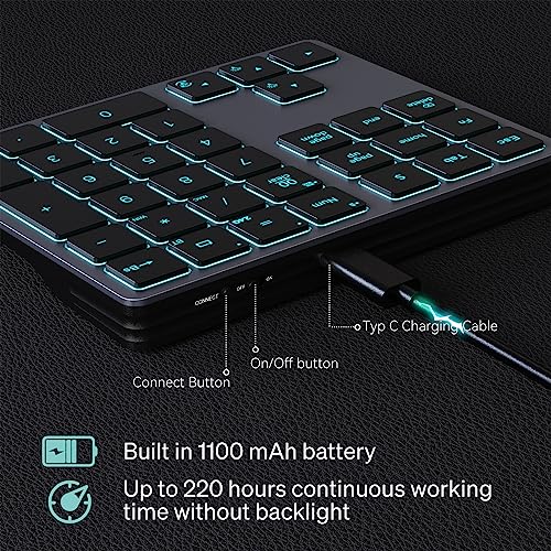 Doohoeek Bluetooth & 2.4G USB Wireless Numeric Keypad for Laptops, PC Computers Macbooks & Tablets, Dual Mode Number pad 34 Keys with 7-Color Backlit for Windows, MacOS & iOS, Gray - Image 5