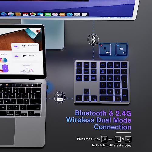 Doohoeek Bluetooth & 2.4G USB Wireless Numeric Keypad for Laptops, PC Computers Macbooks & Tablets, Dual Mode Number pad 34 Keys with 7-Color Backlit for Windows, MacOS & iOS, Gray - Image 3