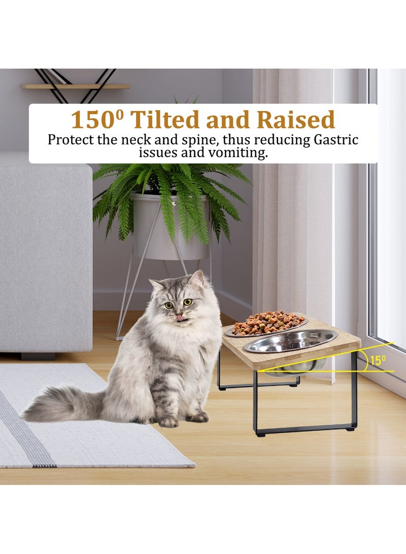 NNC PETS Bamboo cat feeding station with Stainless steel bowls, Durable iron frame, and Non-slip bottom, Elevated pet feeder for cats & small dogs, Easy to assemble, 33 cm (Beige) - Image 4