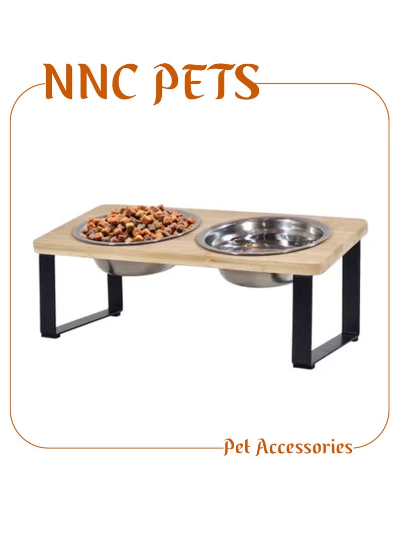 NNC PETS Bamboo cat feeding station with Stainless steel bowls, Durable iron frame, and Non-slip bottom, Elevated pet feeder for cats & small dogs, Easy to assemble, 33 cm (Beige) - Image 1