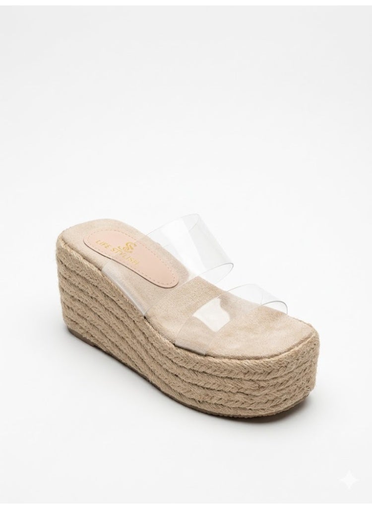 لايف ستيلاش  شبشب ويدج خيش وشفاف S-25 - بيج - Image 3