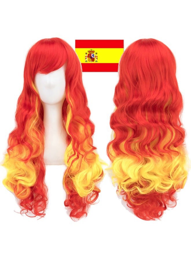 IMISSU Flag Color Design Hair Cosplay Wigs with Bangs Halloween Costume Wig (ES Flag Red Yellow Red) - Image 1