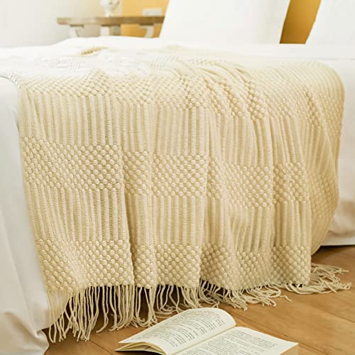 Blagic Knitted Throw Blanket for Couch, Bed and Sofa. Super Soft Blanket with Tassels, Beige/Ivory Throw Blanket, 50 x 60 Inches Lightweight & Cosy Home Decor - Image 2