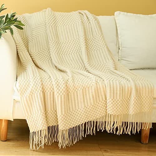 Blagic Knitted Throw Blanket for Couch, Bed and Sofa. Super Soft Blanket with Tassels, Beige/Ivory Throw Blanket, 50 x 60 Inches Lightweight & Cosy Home Decor - Image 1