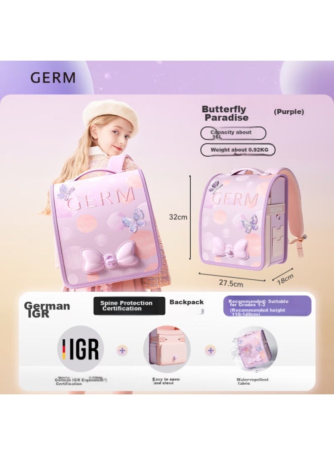 Germ Schoolbag For Primary School Students, Ultra-light Spine Protection, For Girls And Children In Grades 1-3, Large Capacity Anti-drop Butterfly Garden - Image 1