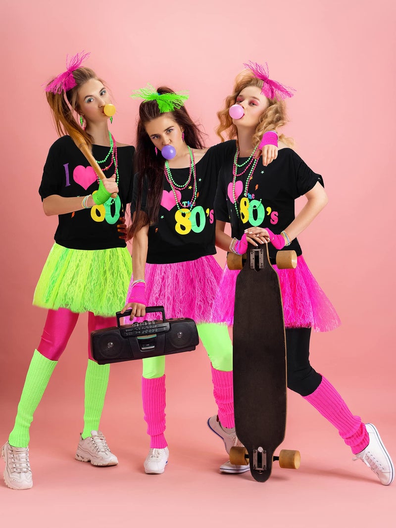 Vabean 19 Pcs 80s Costume Set T Shirt Leggings Tutu Skirt Headband Necklace Bracelets Earrings Gloves Leg Warmers for Women (Black Leggings,Large) - Image 5