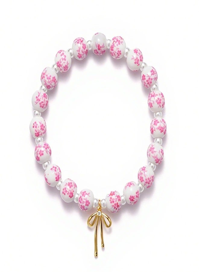 Agromusk Beads Bow Charm Bracelet for Women Flower Vintage Bracelet Handmade Stretch Gold Beaded Dainty Romantic Jewelry Gift, Medium, Ceramic, Cubic Zirconia - Image 1