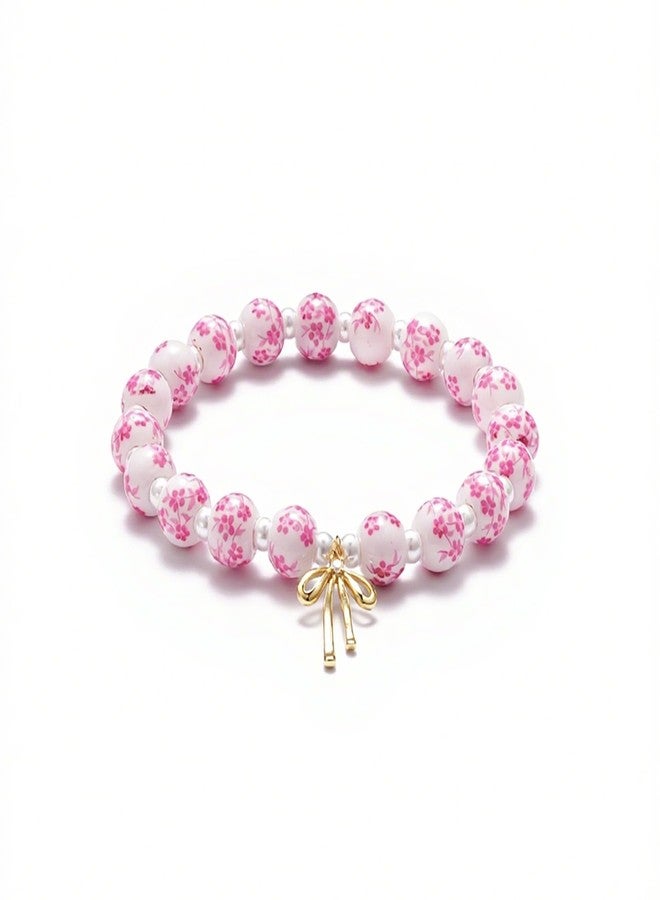 Agromusk Beads Bow Charm Bracelet for Women Flower Vintage Bracelet Handmade Stretch Gold Beaded Dainty Romantic Jewelry Gift, Medium, Ceramic, Cubic Zirconia - Image 3