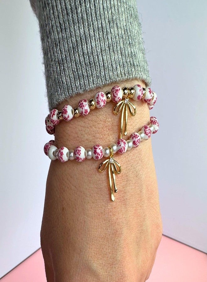 Agromusk Beads Bow Charm Bracelet for Women Flower Vintage Bracelet Handmade Stretch Gold Beaded Dainty Romantic Jewelry Gift, Medium, Ceramic, Cubic Zirconia - Image 2