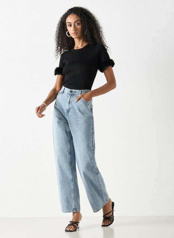 تواكستريمز بنطلون جينز سادة واسع الساقين بزر إغلاق من تو إكستريمز - Image 2