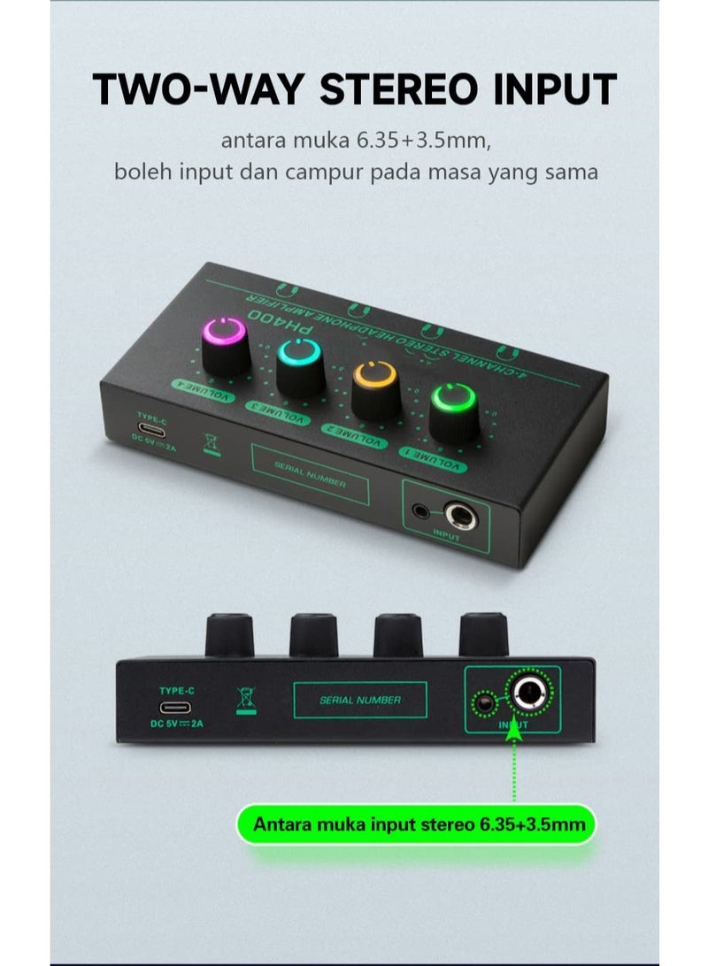 Headphone Amplifier, Guitar Headphone Amp Stereo Splitter Mixer Mini Amplifier for Speakers Home Desktop 4 Channel 4 in 1 Metal Audio with 1/4In and 3.5mm TRS Ports - Image 4