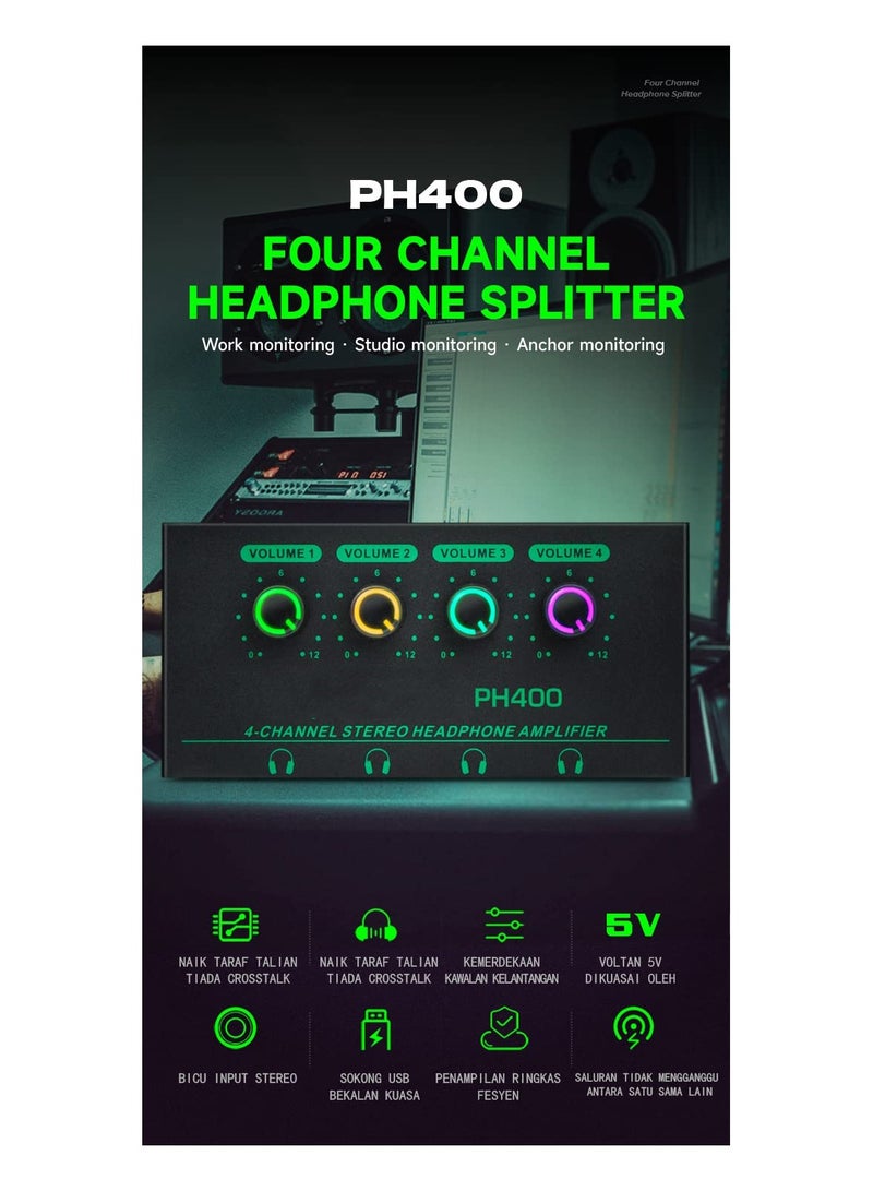 Headphone Amplifier, Guitar Headphone Amp Stereo Splitter Mixer Mini Amplifier for Speakers Home Desktop 4 Channel 4 in 1 Metal Audio with 1/4In and 3.5mm TRS Ports - Image 3
