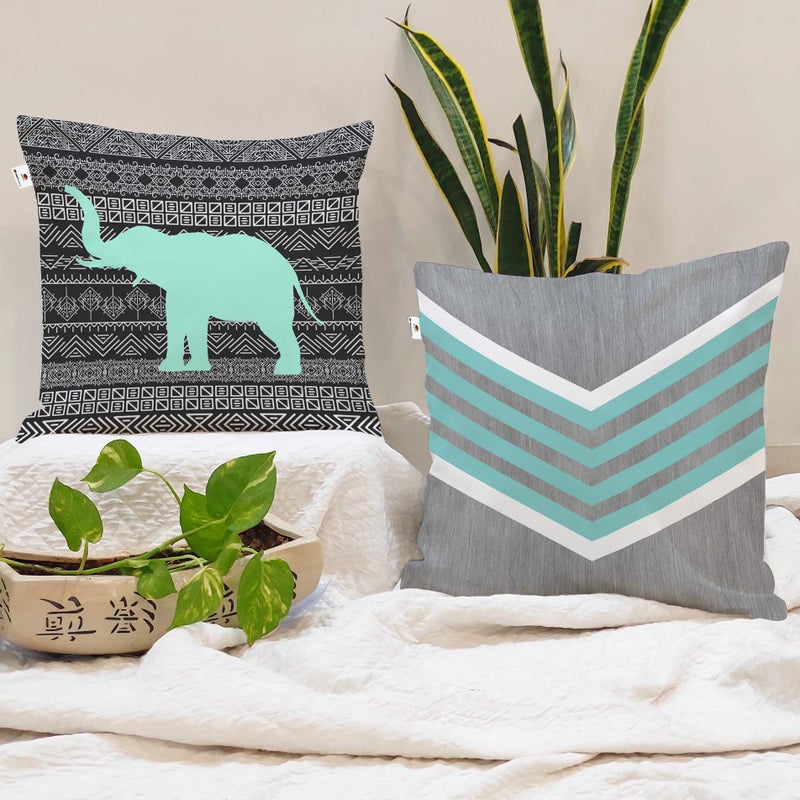 BRICK HOME Grey Teal Multicolor Printed Poly Cotton Cushion Cover, 24X24 Inches, Set of 2 - Image 5