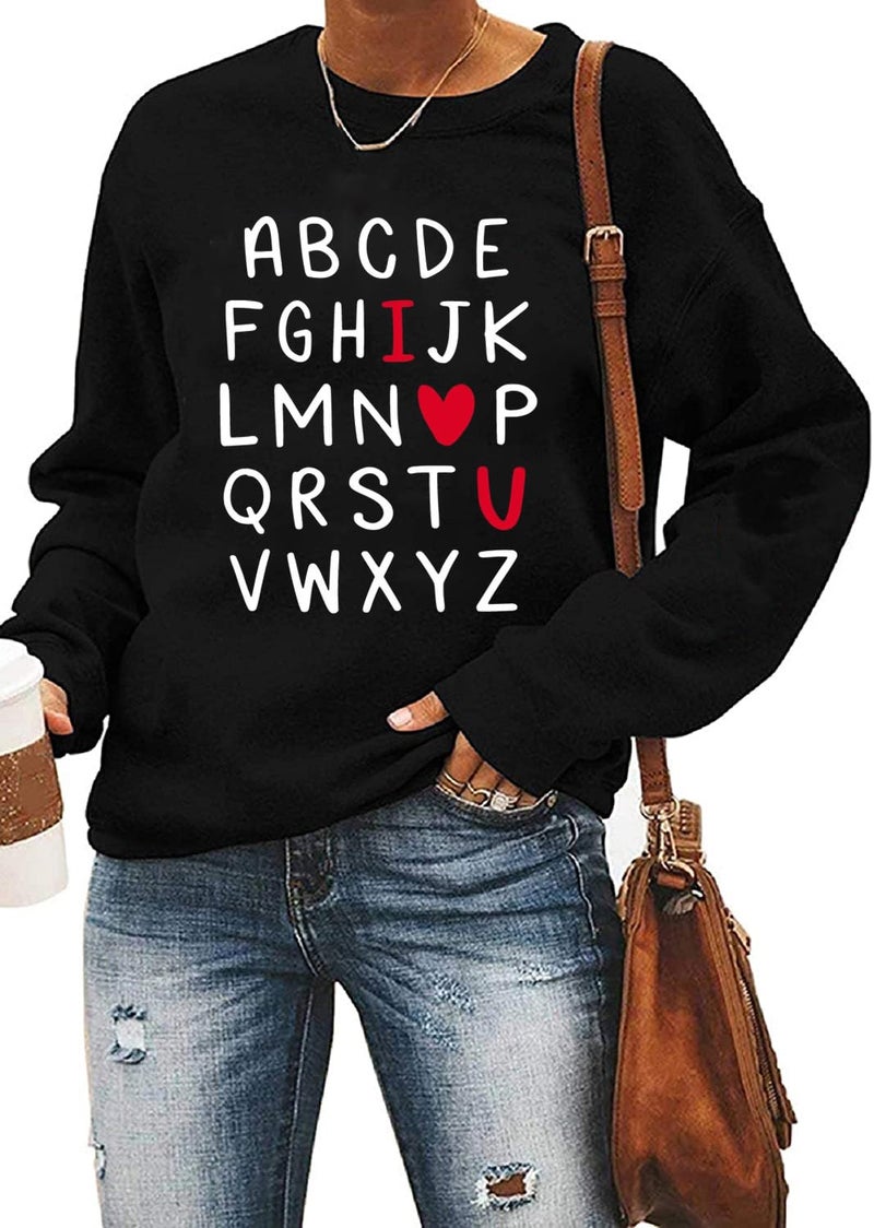 Yimoya Valentines Sweatshirt Womens Cute Leopard Love Heart Valentines' Shirt Gift Teacher Valentine Sweatshirts (Black-2, L)
