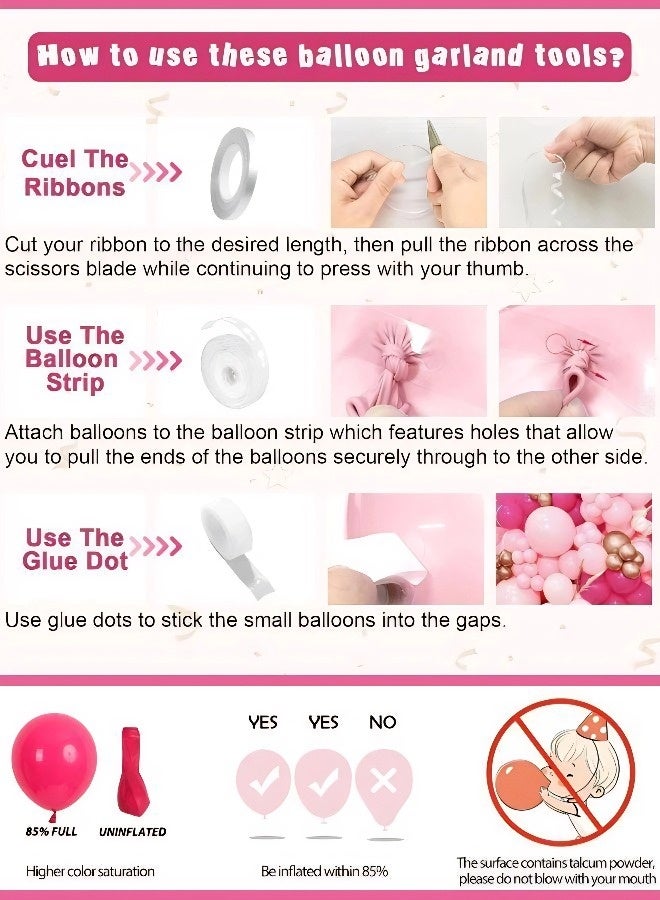 This 141-piece romantic pink celebration balloon arch set includes balloons in various sizes, in bright pink, white, and metallic rose gold sequins. Perfect for birthday parties, princess-themed parties, baby showers, weddings, and Valentine's Day decorations. - Image 5