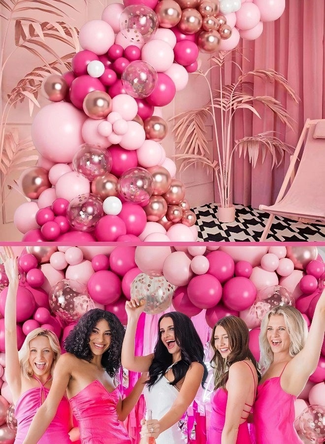 This 141-piece romantic pink celebration balloon arch set includes balloons in various sizes, in bright pink, white, and metallic rose gold sequins. Perfect for birthday parties, princess-themed parties, baby showers, weddings, and Valentine's Day decorations. - Image 3