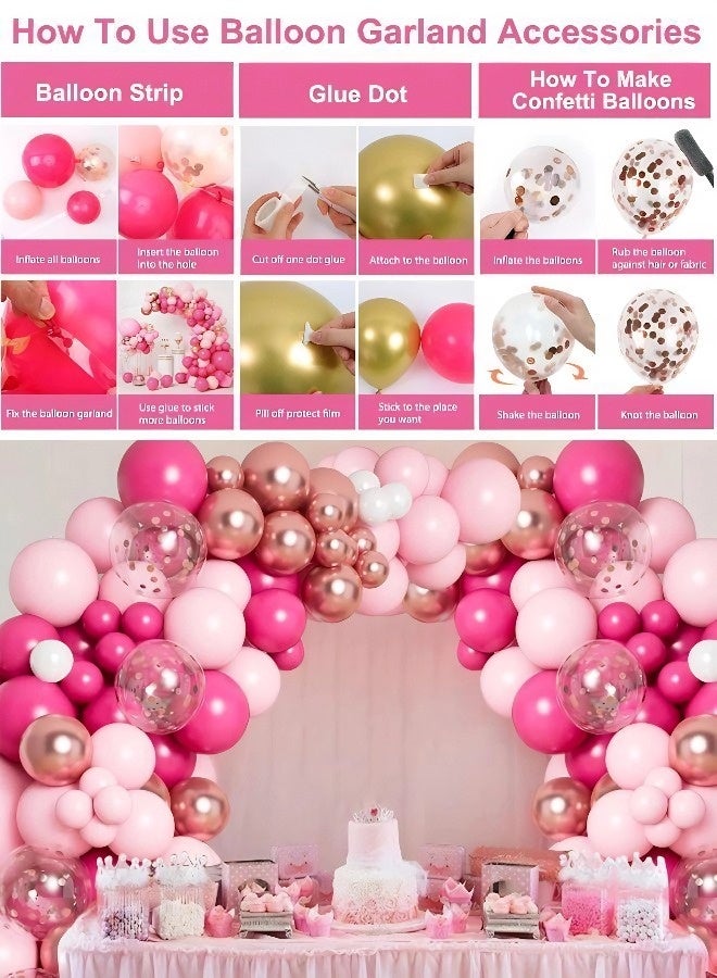 This 141-piece romantic pink celebration balloon arch set includes balloons in various sizes, in bright pink, white, and metallic rose gold sequins. Perfect for birthday parties, princess-themed parties, baby showers, weddings, and Valentine's Day decorations. - Image 4