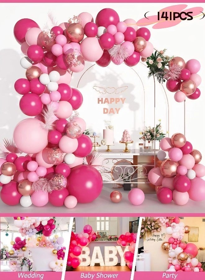This 141-piece romantic pink celebration balloon arch set includes balloons in various sizes, in bright pink, white, and metallic rose gold sequins. Perfect for birthday parties, princess-themed parties, baby showers, weddings, and Valentine's Day decorations. - Image 1