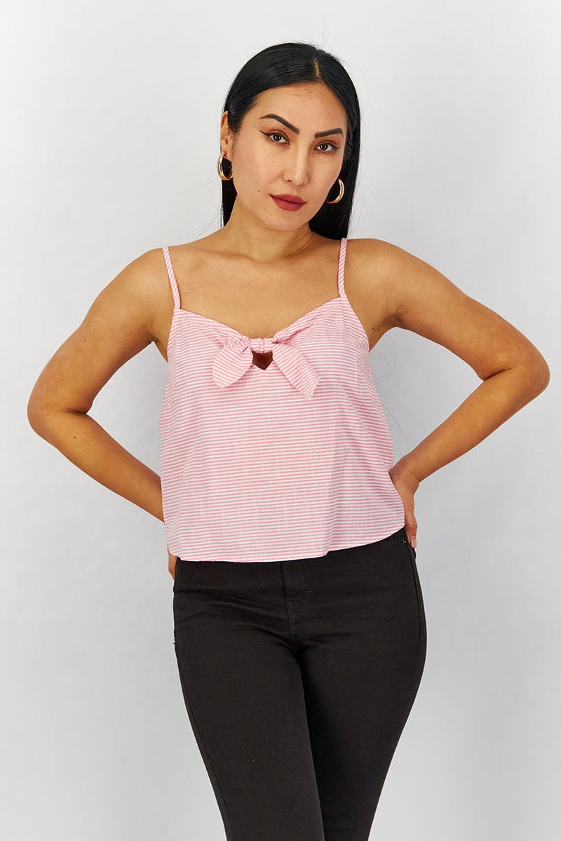 Lefties Women Keyhole Sleeveless Stripe Top, Pink and White - Image 1
