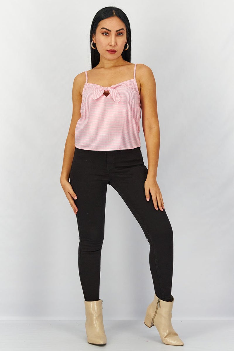 Lefties Women Keyhole Sleeveless Stripe Top, Pink and White - Image 4