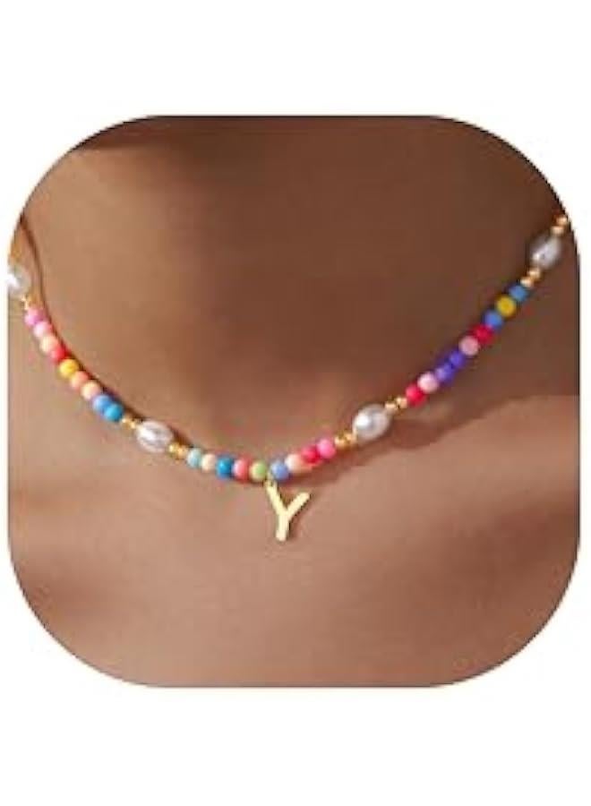 Cute Initial Necklaces for Girls Women Trendy Dainty Colorful Beaded Pearl Letter Choker Lockets Necklace for Kids Handmade 14K Gold Plated  Birthday Jewelry Gifts for Teen Girls - Image 1