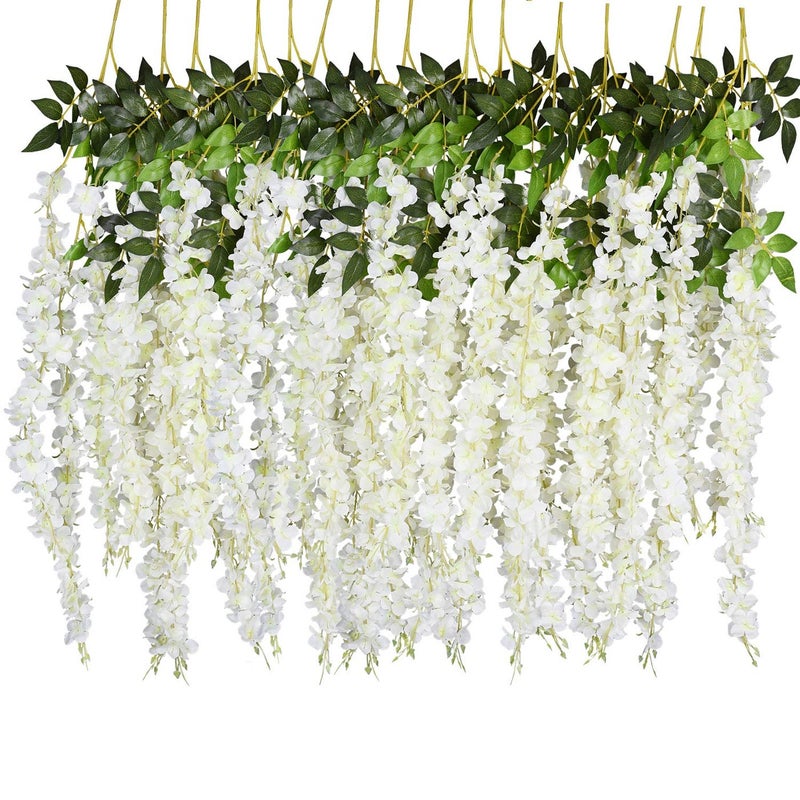 6 Pack 375 FeetPiece Artificial Fake Wisteria Vine Ratta Hanging Garland Silk Flowers String Home Party Wedding Decor 6PCSLarge White Wisteria