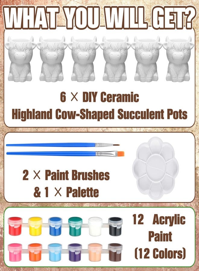 Beeveer 6 Pcs Ready to Paint Your Own Highland Cow Succulent Ceramic Pots Unpainted Ceramics Cartoon Cow Shaped Flower Pots DIY Kit Planter Container with Drainage Hole for Home and Office Decoration - Image 3