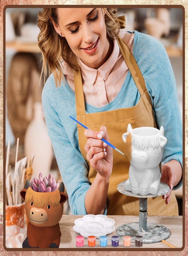 Beeveer 6 Pcs Ready to Paint Your Own Highland Cow Succulent Ceramic Pots Unpainted Ceramics Cartoon Cow Shaped Flower Pots DIY Kit Planter Container with Drainage Hole for Home and Office Decoration - Image 5