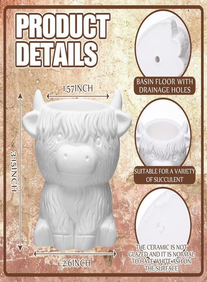 Beeveer 6 Pcs Ready to Paint Your Own Highland Cow Succulent Ceramic Pots Unpainted Ceramics Cartoon Cow Shaped Flower Pots DIY Kit Planter Container with Drainage Hole for Home and Office Decoration - Image 2
