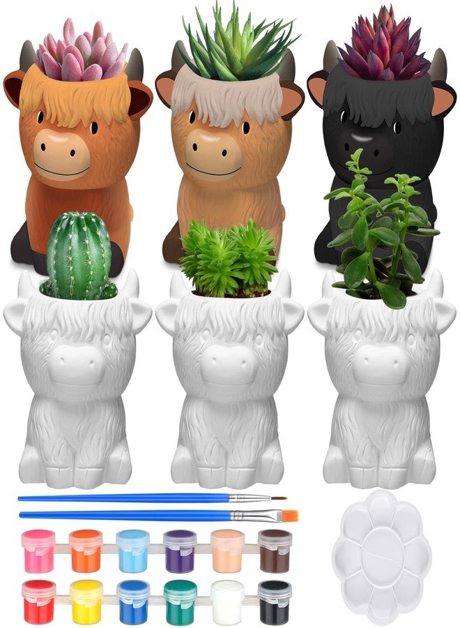 Beeveer 6 Pcs Ready to Paint Your Own Highland Cow Succulent Ceramic Pots Unpainted Ceramics Cartoon Cow Shaped Flower Pots DIY Kit Planter Container with Drainage Hole for Home and Office Decoration - Image 1