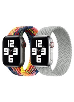Braided Solo Loop Band Strap for Apple Watch Series 42/44/45mm Multicolor/Rainbow Strap with Pearl White Strap(set of 2)