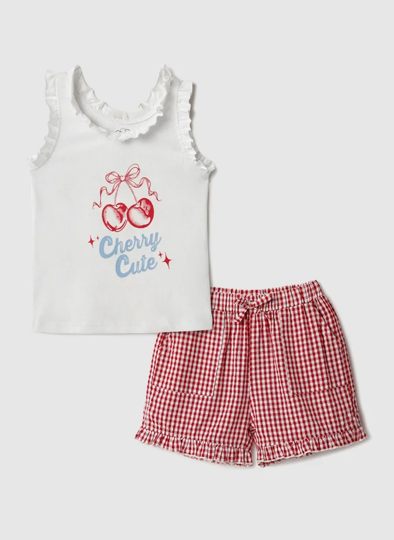 Nautinati Nautinati Pink & White Graphic Printed T-shirts and Chequered Shorts for Infant Girls