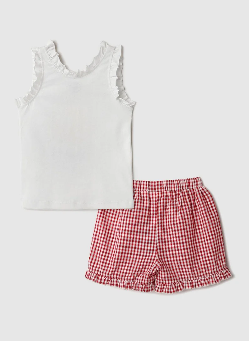 Nautinati Nautinati Pink & White Graphic Printed T-shirts and Chequered Shorts for Infant Girls