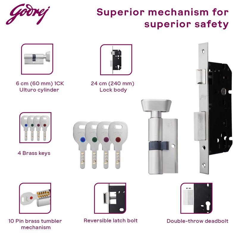 Godrej Locking Solutions and Systems Godrej Mortise Lock Handle Lock Set for Main Bedroom Door Twist Rossette Home Dcor Handle Satin Steel Finish 9 Inch Lockbody 60 mm 1CK Cylinder Knob from Inside with 4 Keys  - Image 4