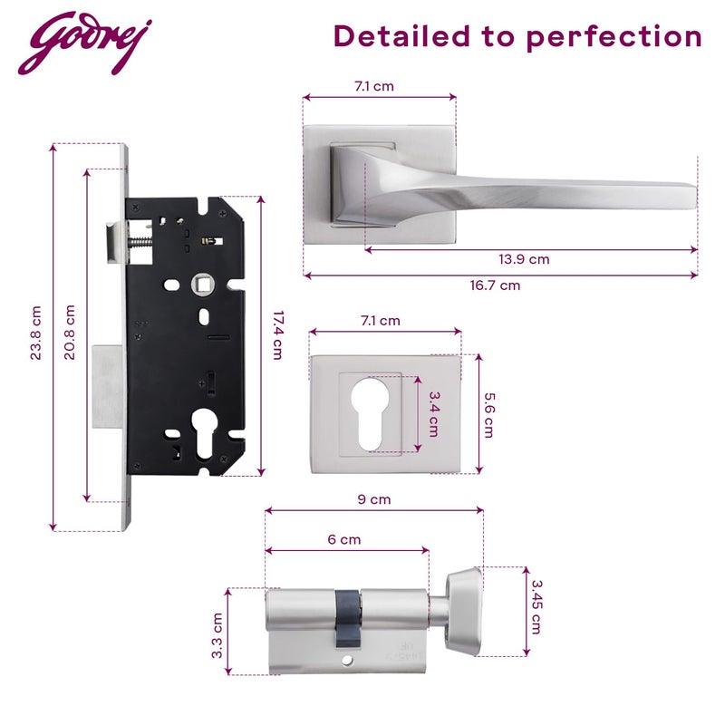 Godrej Locking Solutions and Systems Godrej Mortise Lock Handle Lock Set for Main Bedroom Door Twist Rossette Home Dcor Handle Satin Steel Finish 9 Inch Lockbody 60 mm 1CK Cylinder Knob from Inside with 4 Keys  - Image 2