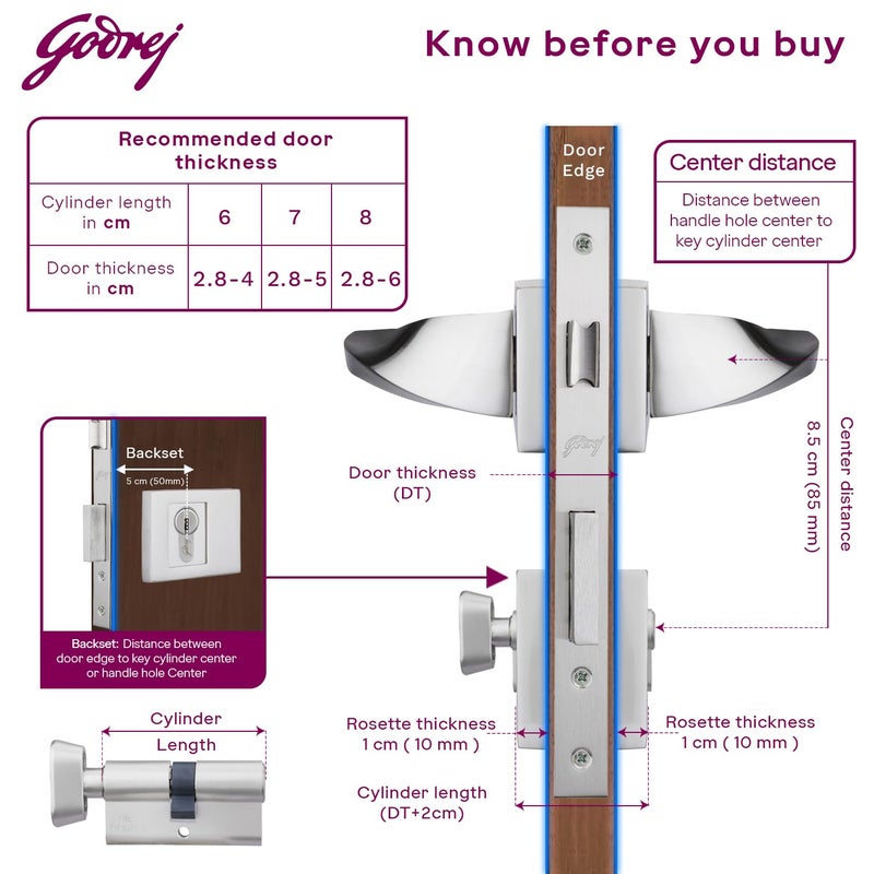 Godrej Locking Solutions and Systems Godrej Mortise Lock Handle Lock Set for Main Bedroom Door Twist Rossette Home Dcor Handle Satin Steel Finish 9 Inch Lockbody 60 mm 1CK Cylinder Knob from Inside with 4 Keys  - Image 5
