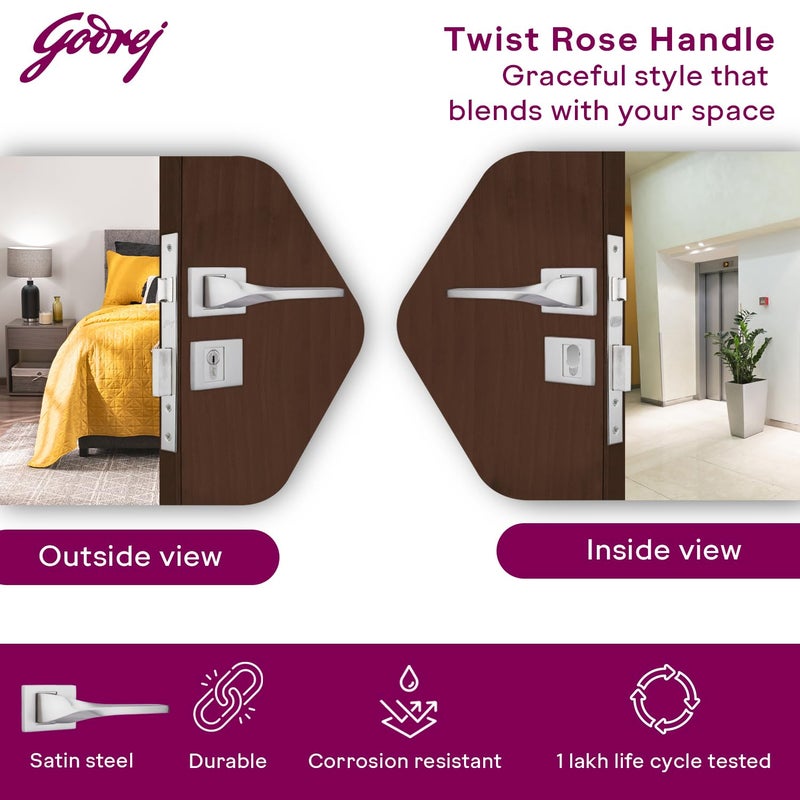 Godrej Locking Solutions and Systems Godrej Mortise Lock Handle Lock Set for Main Bedroom Door Twist Rossette Home Dcor Handle Satin Steel Finish 9 Inch Lockbody 60 mm 1CK Cylinder Knob from Inside with 4 Keys  - Image 3