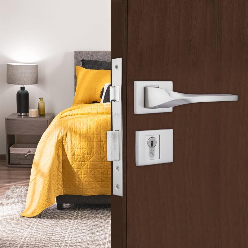 Godrej Locking Solutions and Systems Godrej Mortise Lock Handle Lock Set for Main Bedroom Door Twist Rossette Home Dcor Handle Satin Steel Finish 9 Inch Lockbody 60 mm 1CK Cylinder Knob from Inside with 4 Keys  - Image 1