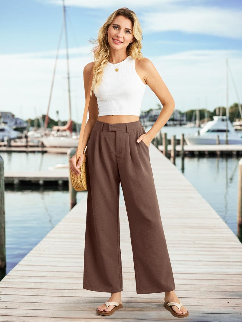 Feiersi Women's Wide Leg Pants Casual High Waisted Slacks Straight Dressy Pants Palazzo Trousers with Pockets(Coffee,XX-Large) - Image 3