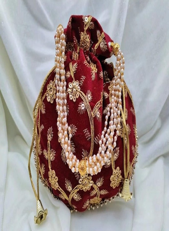IGH Pack of 5 Handmade Women's Velvet Embroidered Potli Purse Bag Pouch Drawstring Bag Indian Potli Handbag - Image 5
