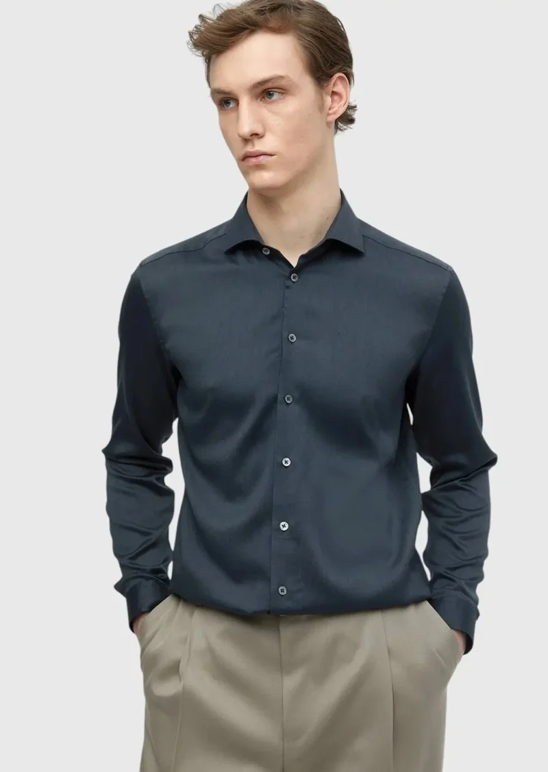 RAMSEY Hard Coal Plain Casual Fit Weaving Casual Silk Blended Shirt