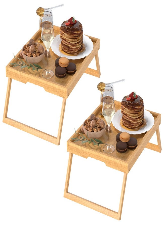 promitop 2 Pack Bed Tray Table with Foldable Legs, Bamboo Breakfast Tray for Sofa, Beds, Eating, Working, TV Table, Food, Dinner, Computer Trays, Laptop Desk Snack Folding Trays in Bed, Brown - Image 1