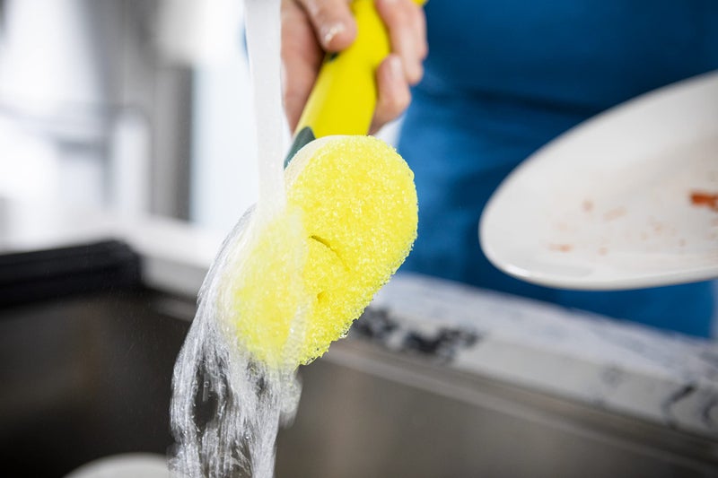 Scrub Daddy Dish Wand, Soap Dispensing Dish Brush, Texture Changing Washing Up Sponge with Liquid Handle, Built-in Scraper & Detachable Scrubbing Head, Drip Stand, Yellow - Image 3