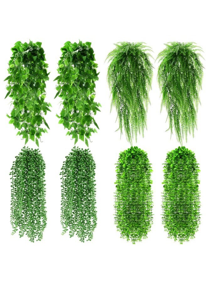 Daifunli 8 Pcs Artificial Hanging Plants Fake Hanging Ferns Plastic Faux Plants for Wall Room Garden Garland Indoor Outdoor Decor No Basket (Boston,Eucalyptus,Ivy Vine,String of Pearls) - Image 1