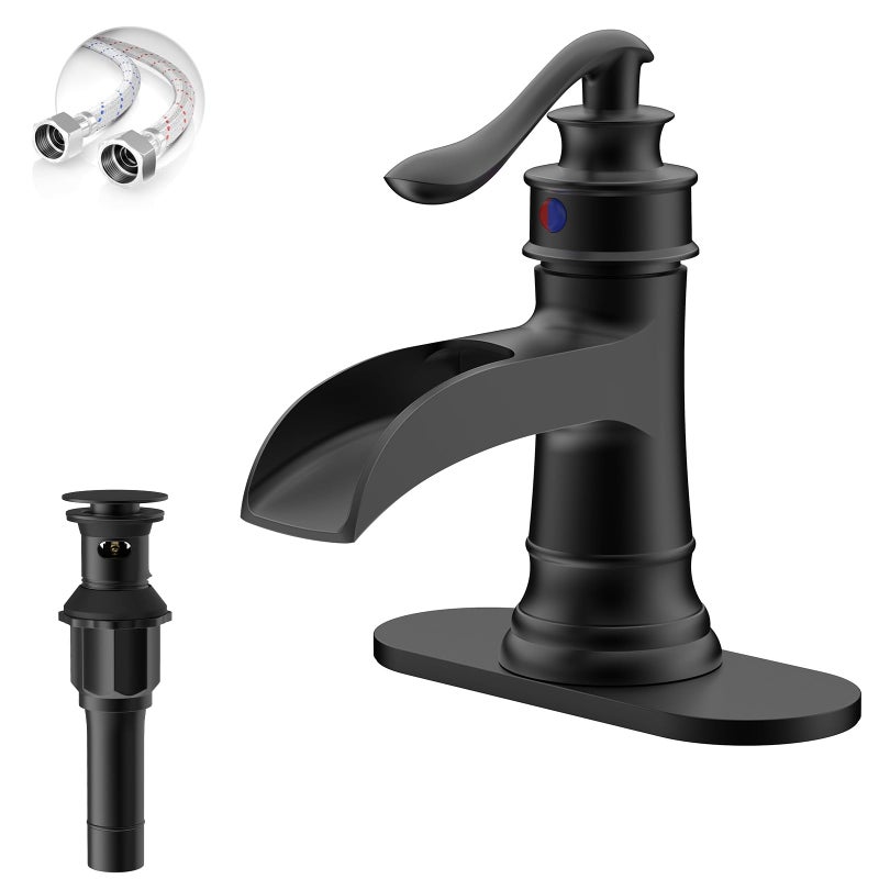 BATHLAVISH Matte Black Waterfall Bathroom Faucet Single Handle Bathroom Sink Faucet 1 Hole or 3 Hole Vanity Sink Faucet for Vintage Antique Lavatory Washroom with Pop Up Drain Deck 2 Hoses