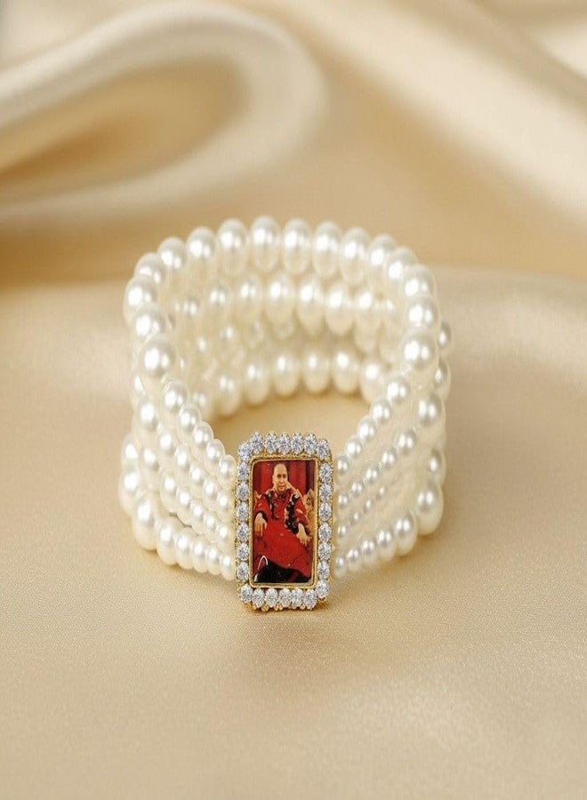 Inites Unisex Adjustable White Pearl Moti Jai Guru Ji Bracelet | Shukrana Blessing's Always Guru Ji Nug Engraved Swaroop/Photo Wrist Band Cuff Charming Beads Elastic Layered Bracelet - Image 4