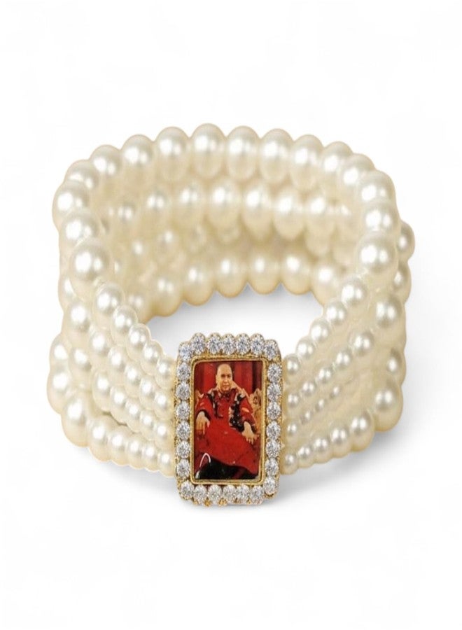 Inites Unisex Adjustable White Pearl Moti Jai Guru Ji Bracelet | Shukrana Blessing's Always Guru Ji Nug Engraved Swaroop/Photo Wrist Band Cuff Charming Beads Elastic Layered Bracelet - Image 1