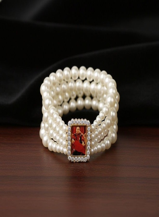 Inites Unisex Adjustable White Pearl Moti Jai Guru Ji Bracelet | Shukrana Blessing's Always Guru Ji Nug Engraved Swaroop/Photo Wrist Band Cuff Charming Beads Elastic Layered Bracelet - Image 5